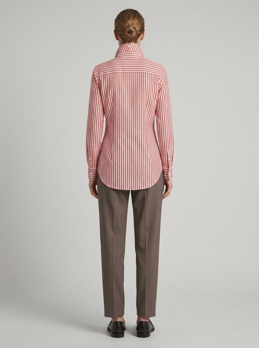 Elegant Cotton Linen Striped Shirt - Red White Metal Button Long Sleeve Top