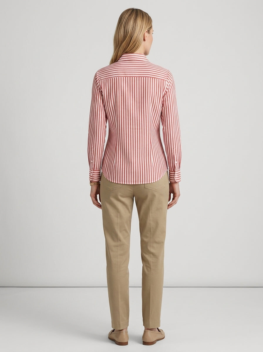 Elegant Cotton Linen Striped Shirt - Red White Metal Button Long Sleeve Top