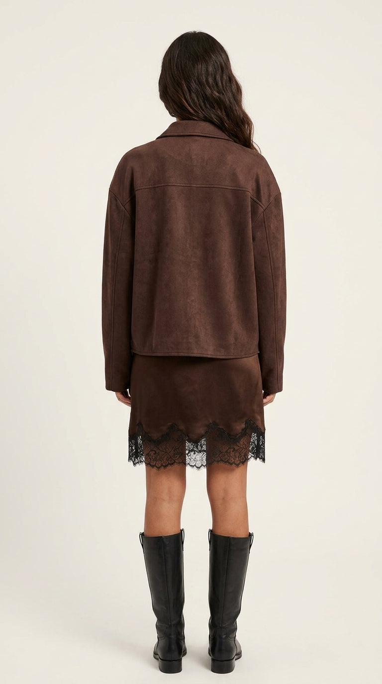Dark Chocolate Suede Jacket - Button-Up Faux Suede Shirt Jacket