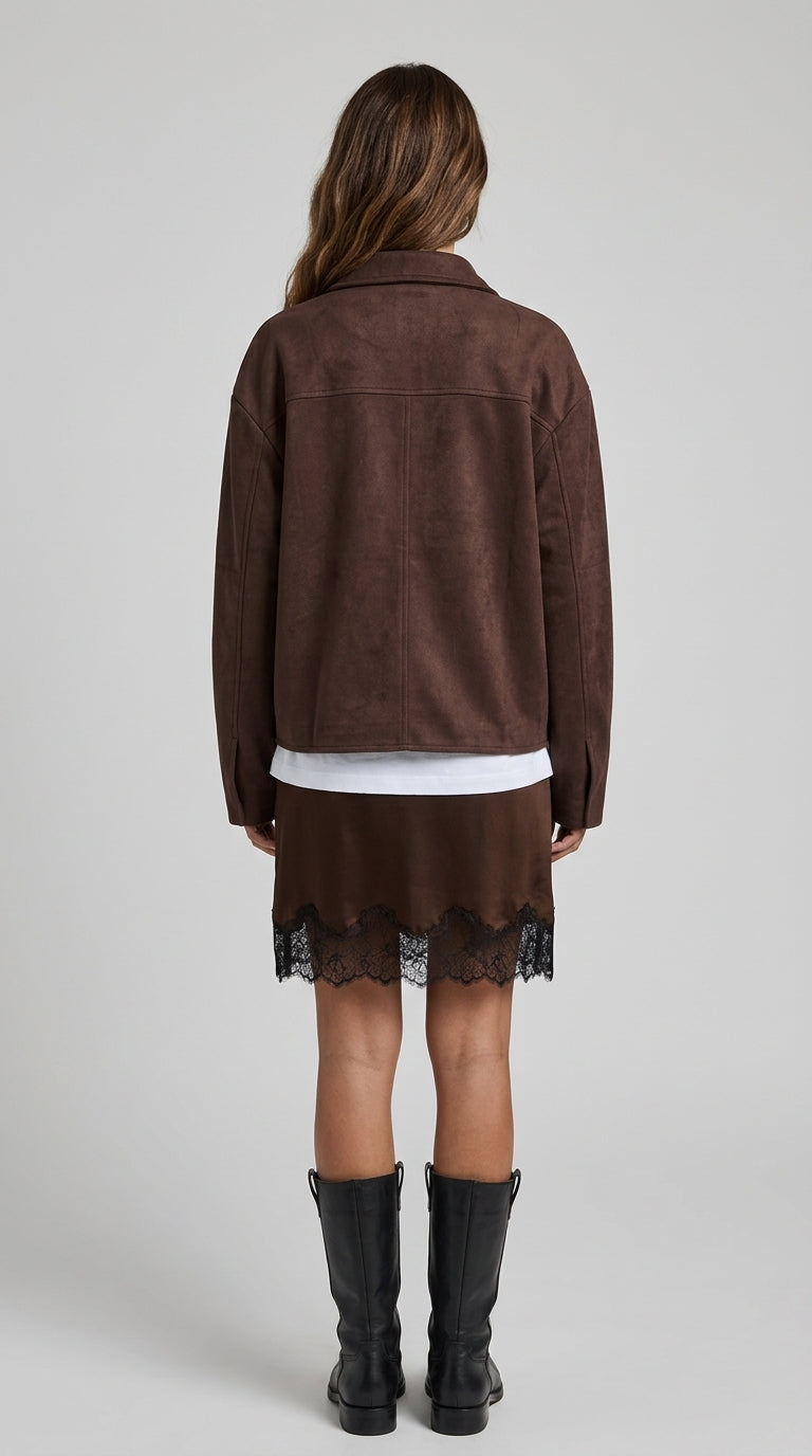 Dark Chocolate Suede Jacket - Button-Up Faux Suede Shirt Jacket
