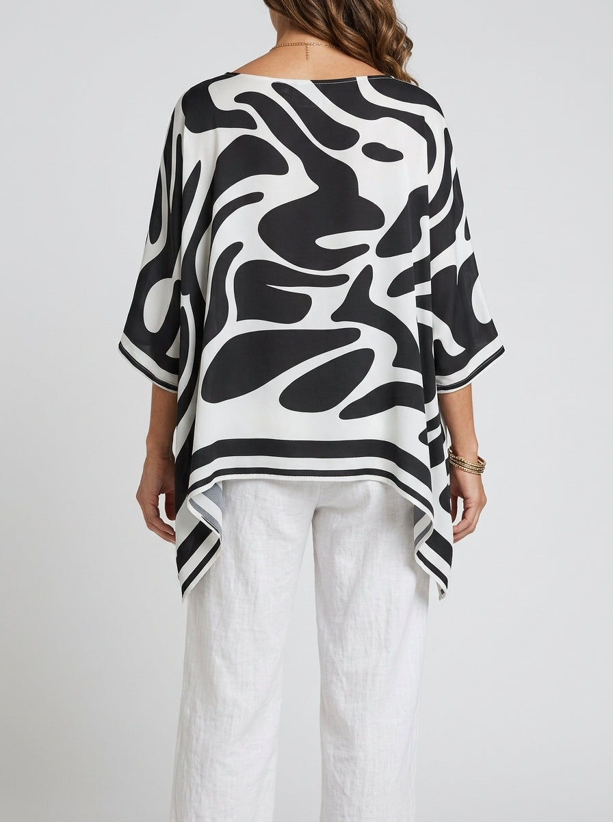 Casual Abstract Swirl Print Asymmetric Hem Top in Black and White - Round Neck Long Sleeve Blouse