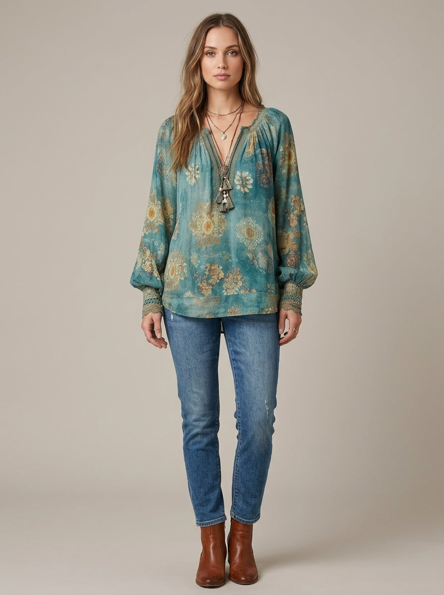 Bohemian Ethnic Floral Print Cotton Blouse - Teal V-Neck Tasseled Long Sleeve Top
