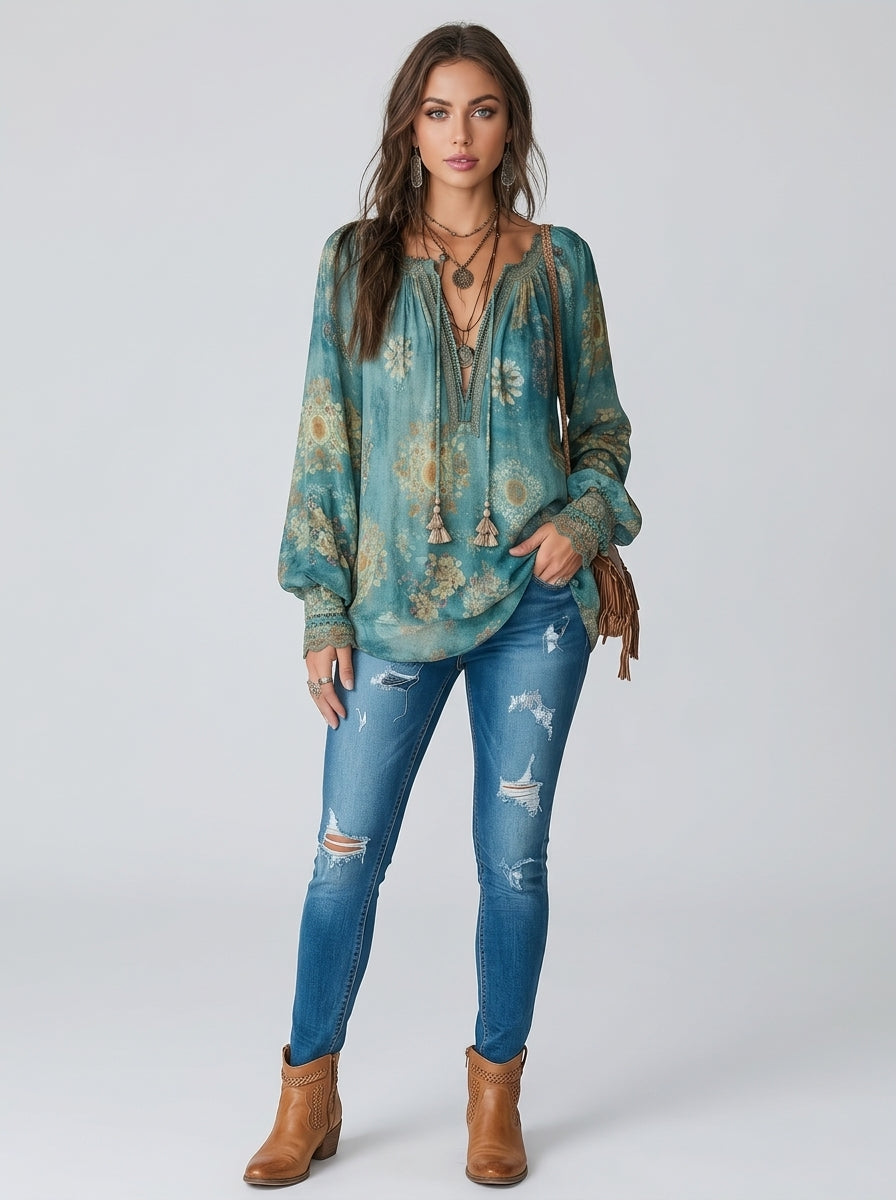 Bohemian Ethnic Floral Print Cotton Blouse - Teal V-Neck Tasseled Long Sleeve Top