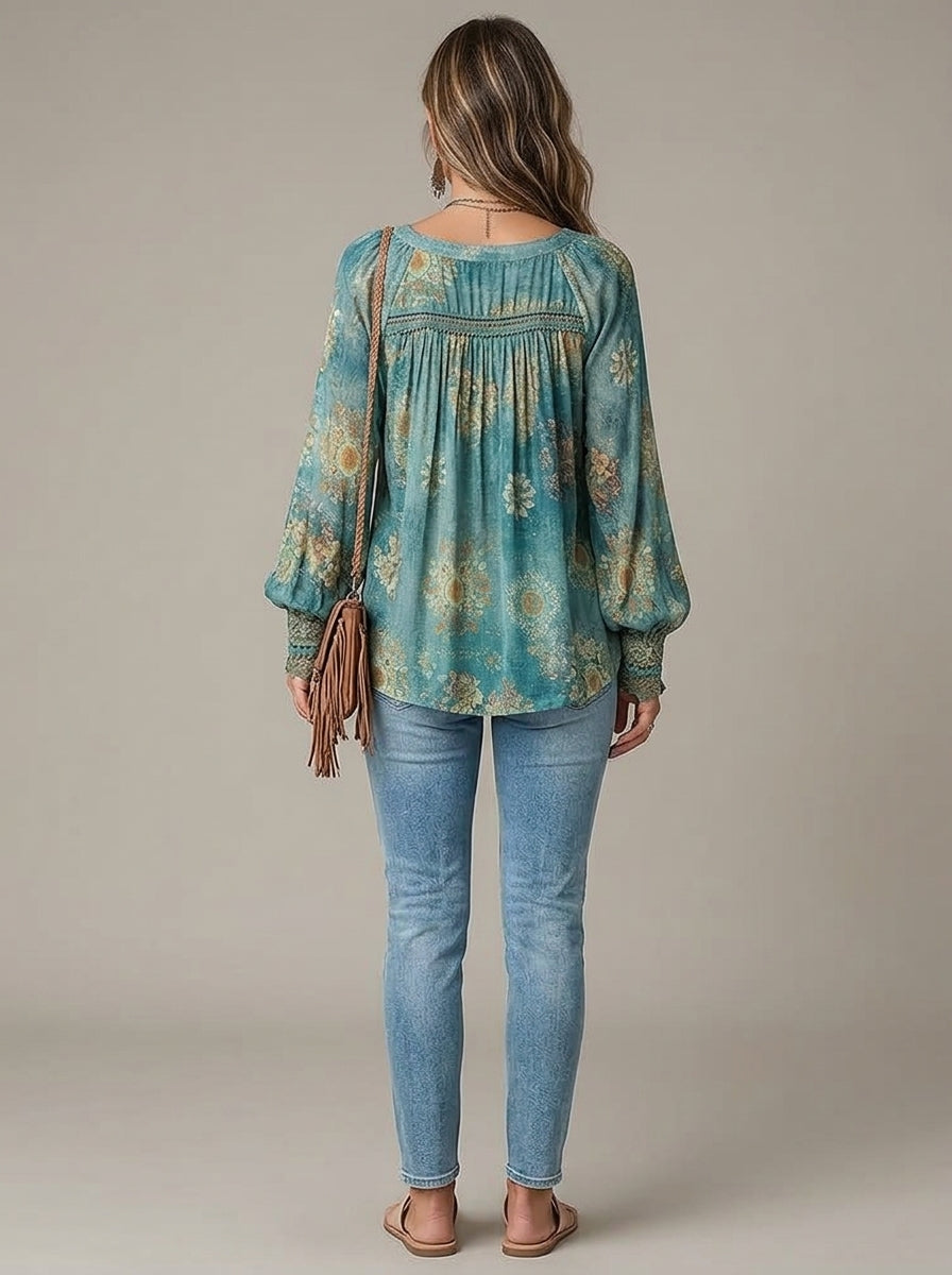 Bohemian Ethnic Floral Print Cotton Blouse - Teal V-Neck Tasseled Long Sleeve Top