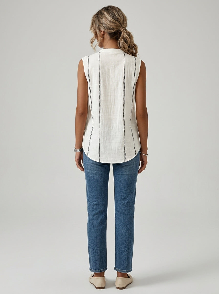 White Contrast Stitch Henley - Sleeveless Mandarin Collar Casual Top