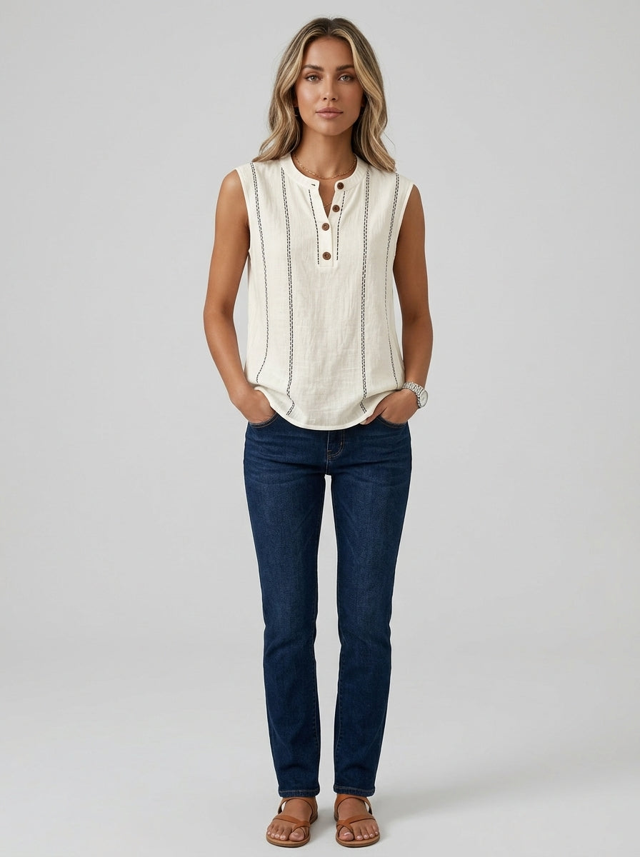 White Contrast Stitch Henley - Sleeveless Mandarin Collar Casual Top