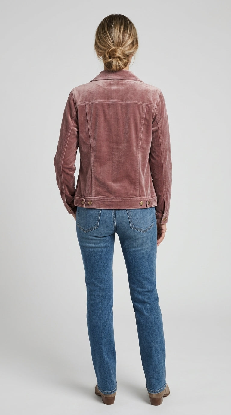 Rosalind Velvet Jacket in Mauve - Classic Collar Trucker Jacket
