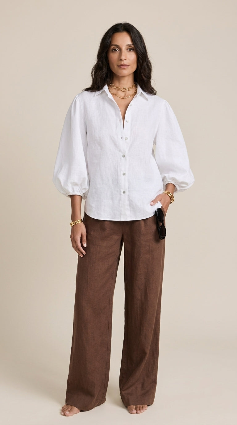 Linen Puff Sleeve Blouse in White - Button-Up Balloon Sleeve Shirt
