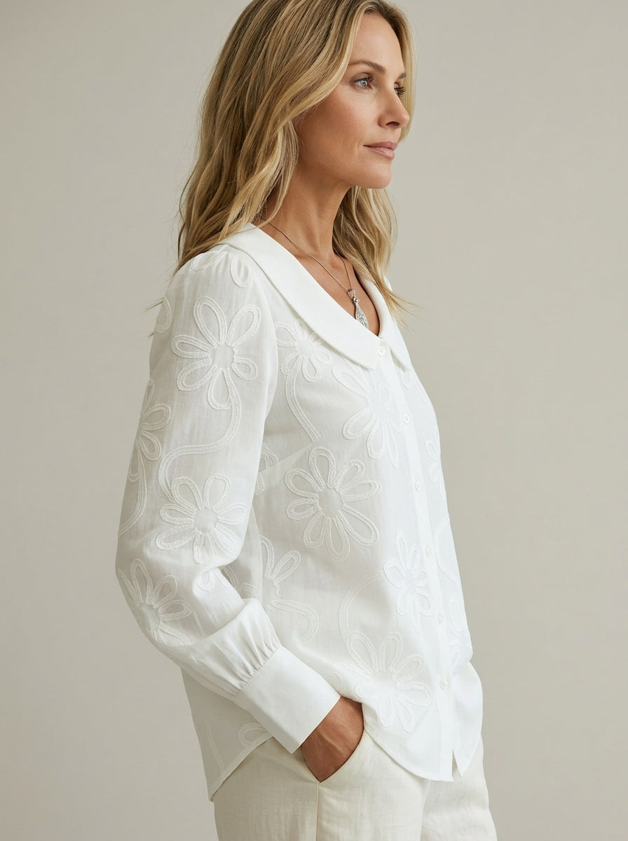 Vintage Cotton Blouse - White Peter Pan Collar Floral Embroidered Long Sleeve Top