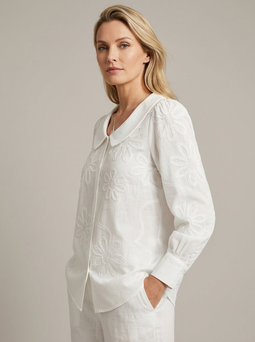 Vintage Cotton Blouse - White Peter Pan Collar Floral Embroidered Long Sleeve Top