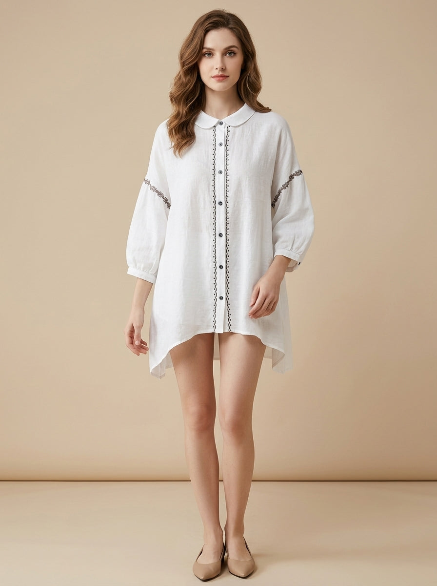 Loose Vintage Blouse - White Peter Pan Collar Embroidered Sleeve Top