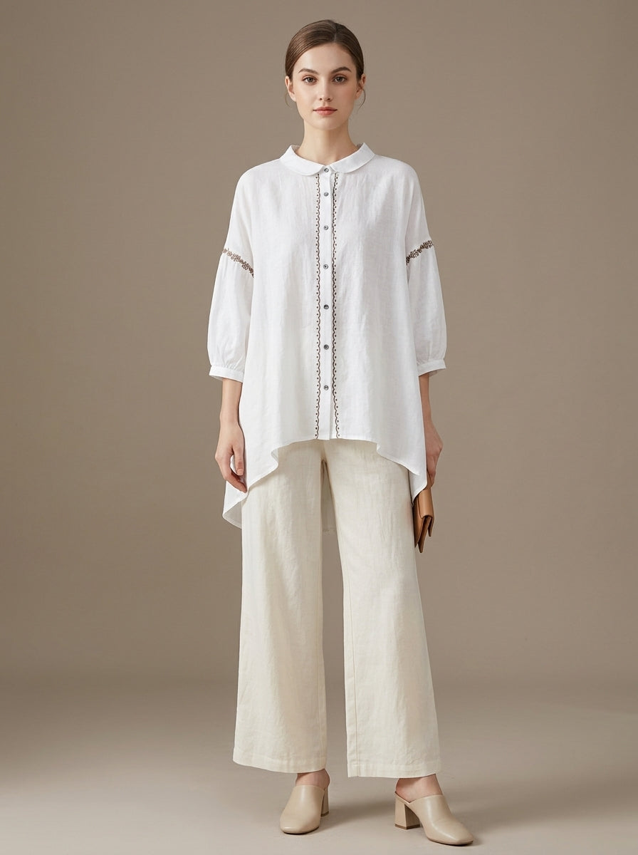 Loose Vintage Blouse - White Peter Pan Collar Embroidered Sleeve Top