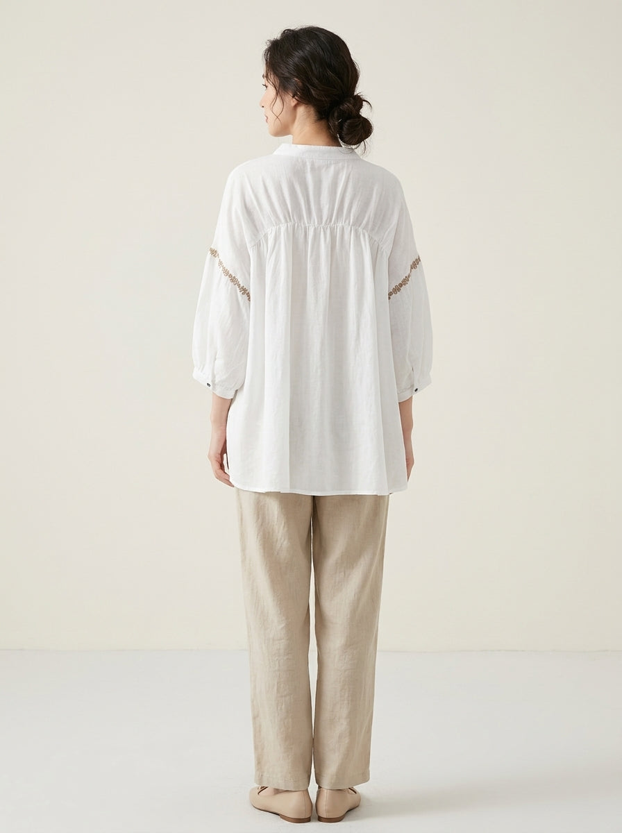 Loose Vintage Blouse - White Peter Pan Collar Embroidered Sleeve Top