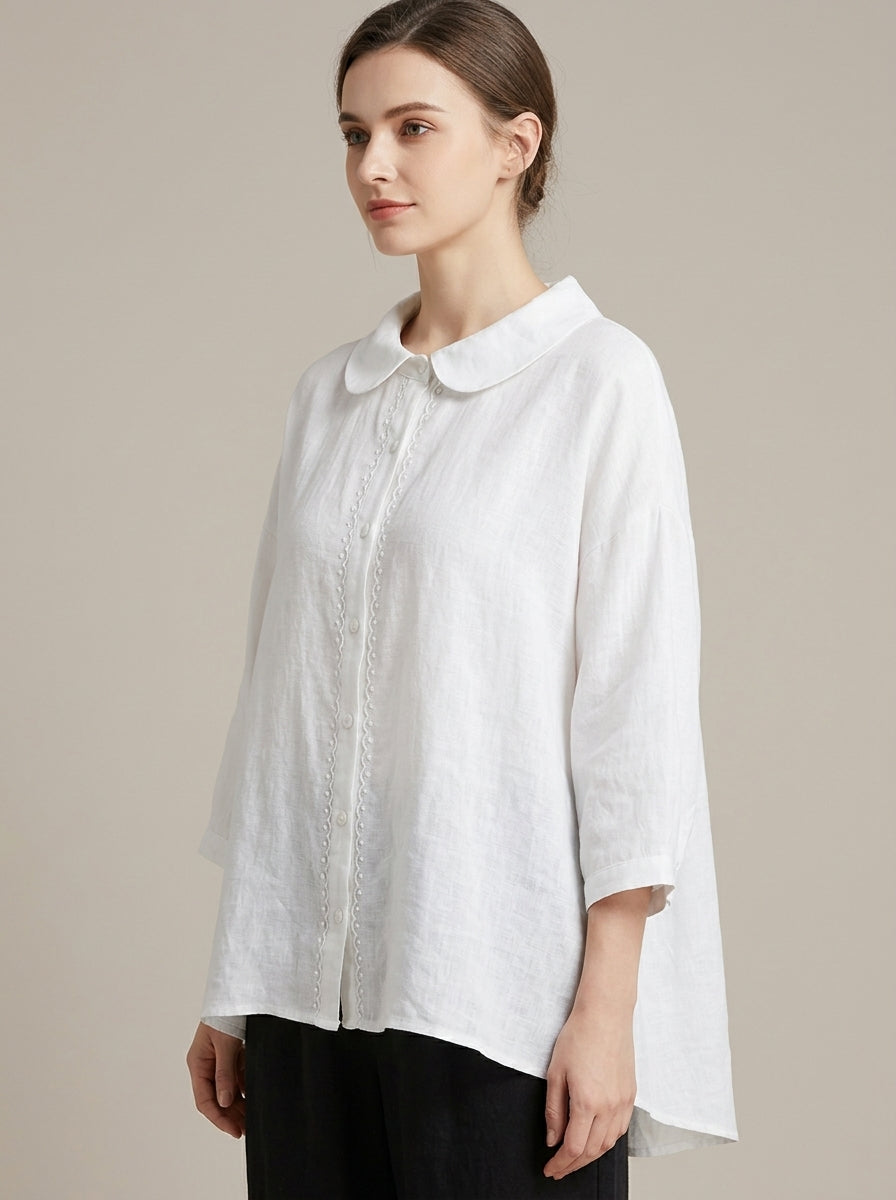 Loose Vintage Blouse - White Peter Pan Collar Embroidered Sleeve Top