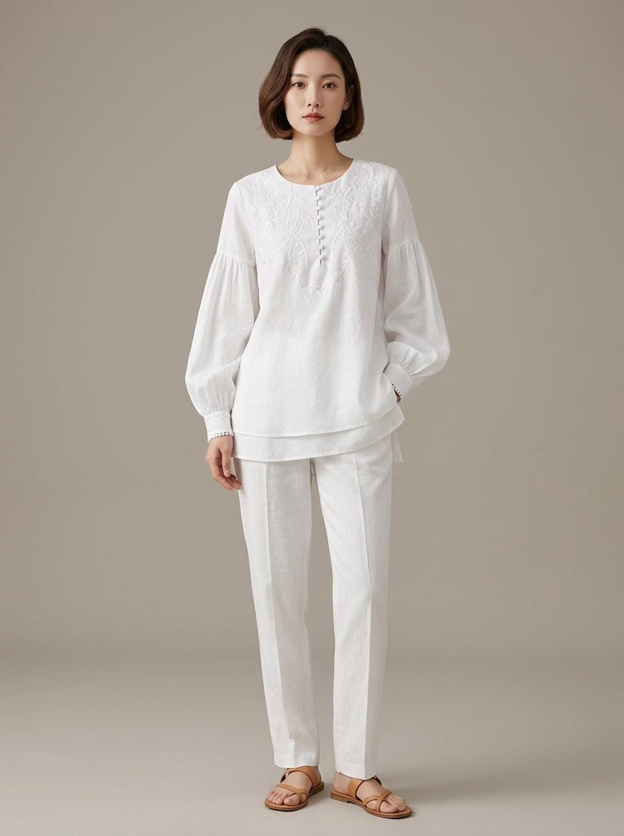 Versatile Boho Embroidered Blouse - White Round Neck Long Sleeve Top