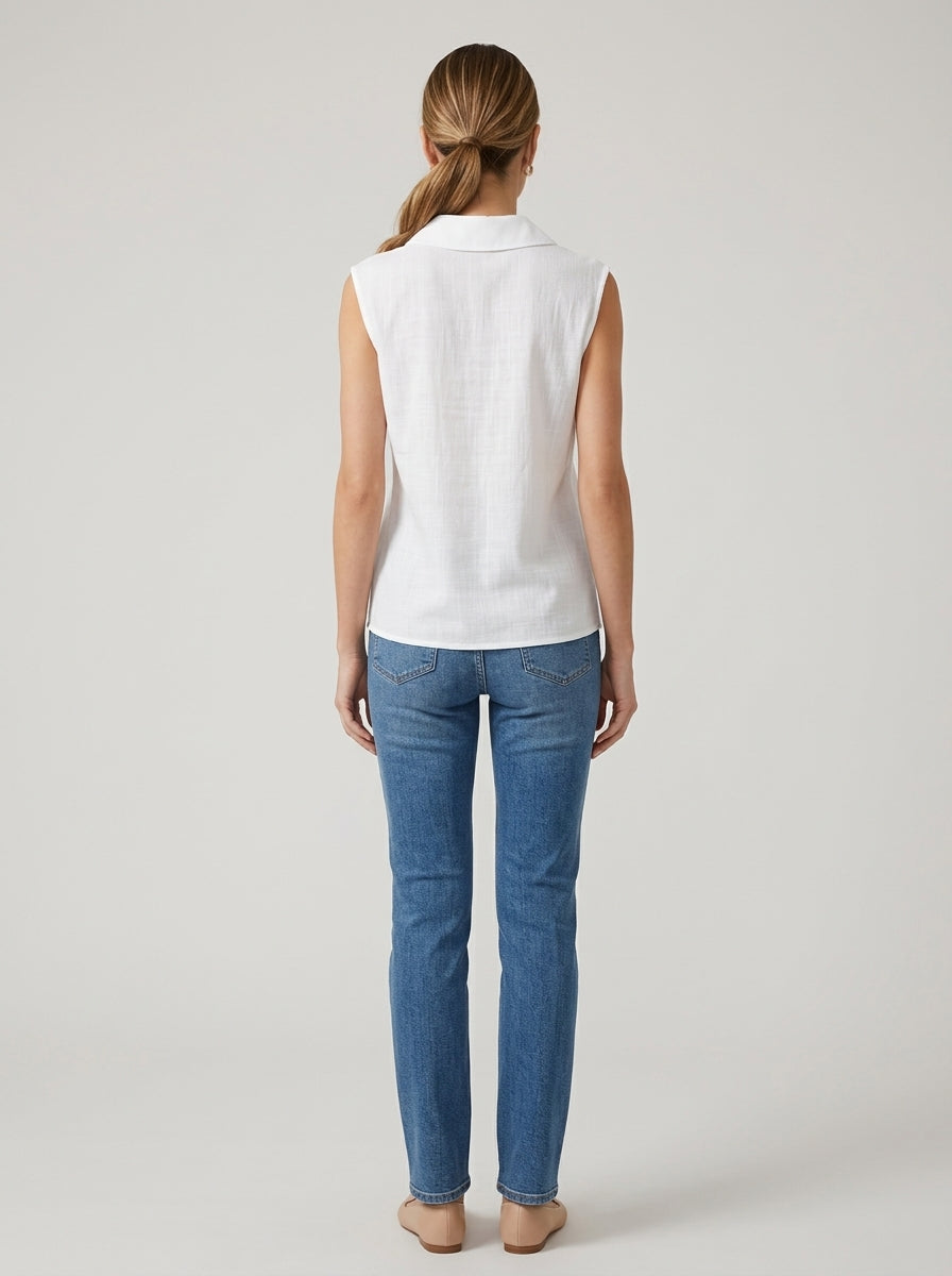 Casual Solid Color Sleeveless Collared Shirt in White - Notched Collar Button-Up Top
