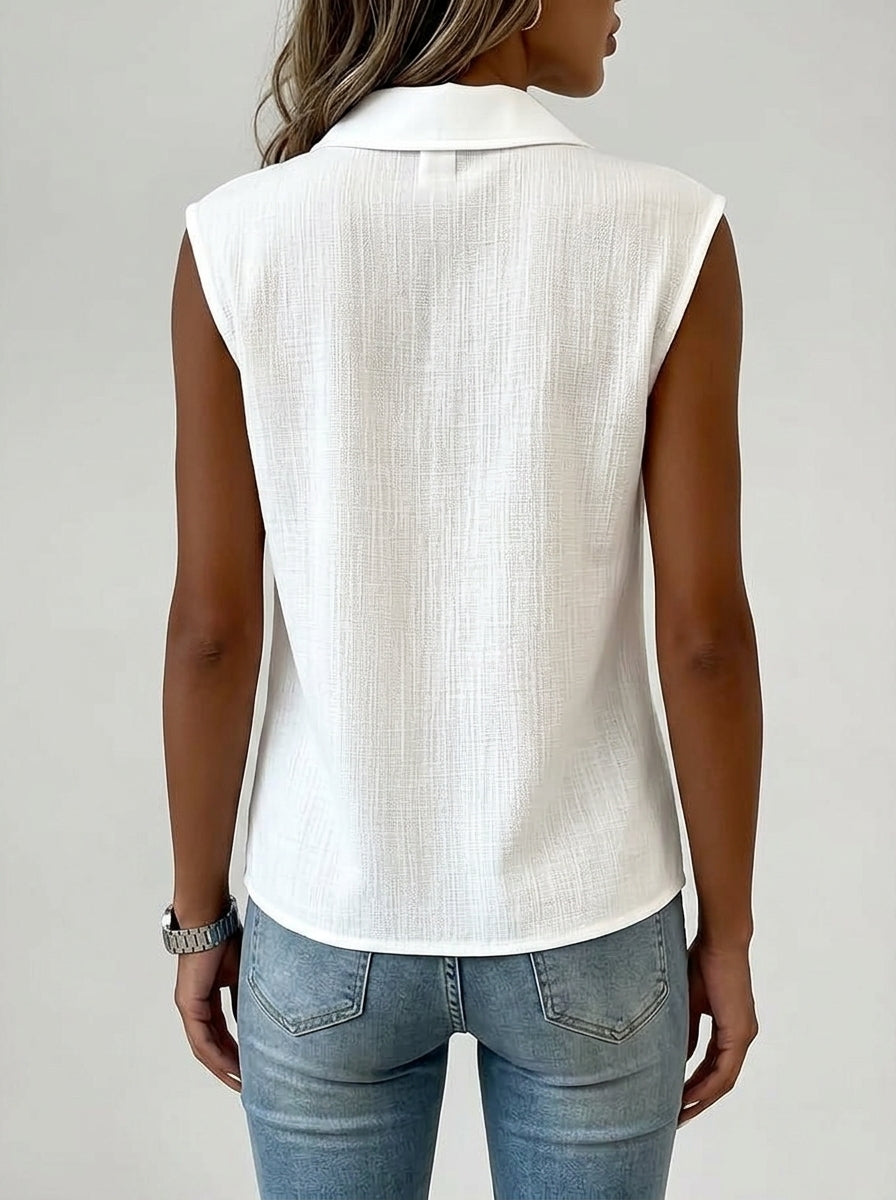 Casual Solid Color Sleeveless Collared Shirt in White - Notched Collar Button-Up Top
