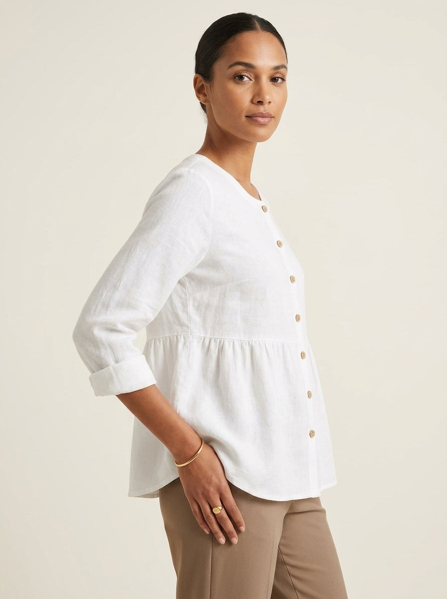 White Linen Cotton Blend Shirt - Round Neck Button-Up Peplum Top