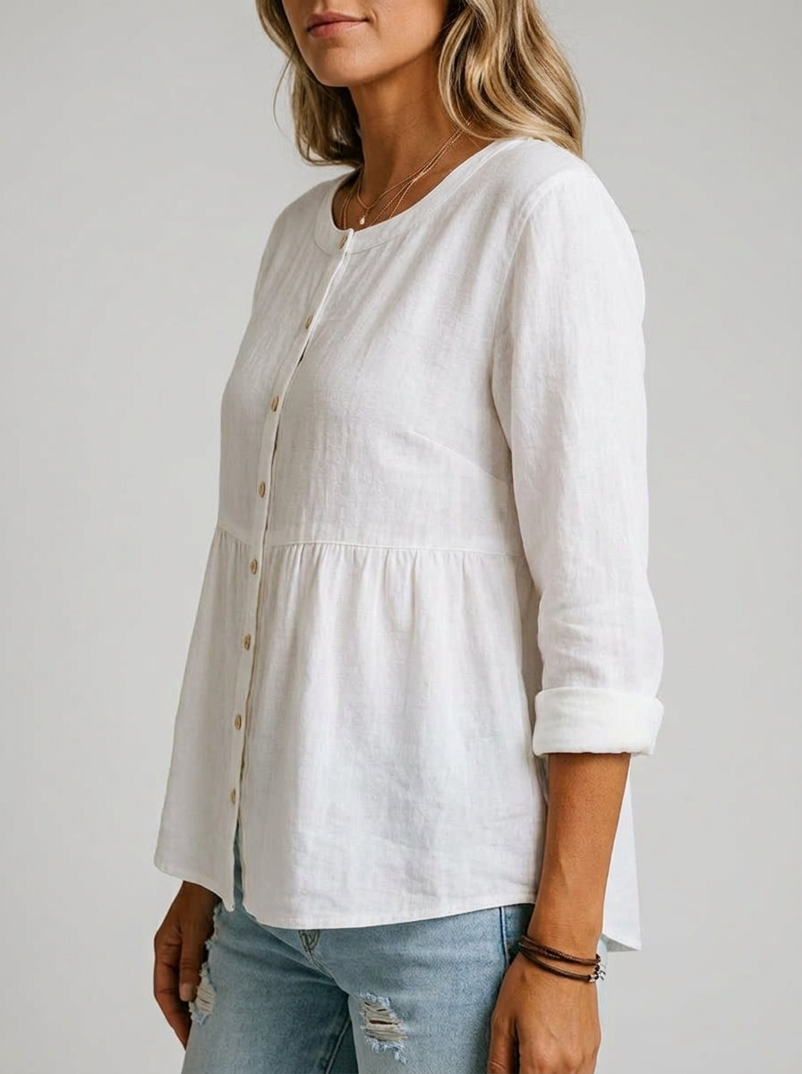 White Linen Cotton Blend Shirt - Round Neck Button-Up Peplum Top