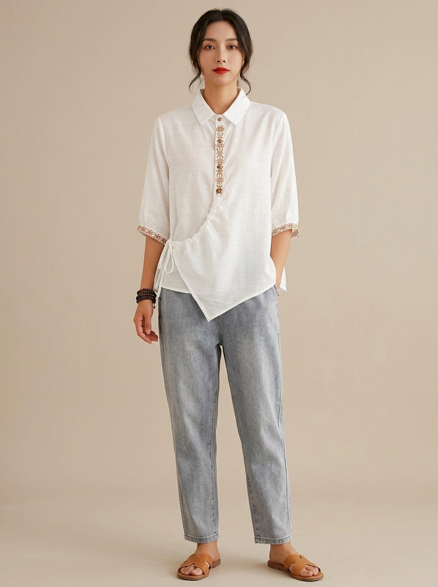Vintage Cotton Shirt - White Embroidered Placket Half Sleeve Top