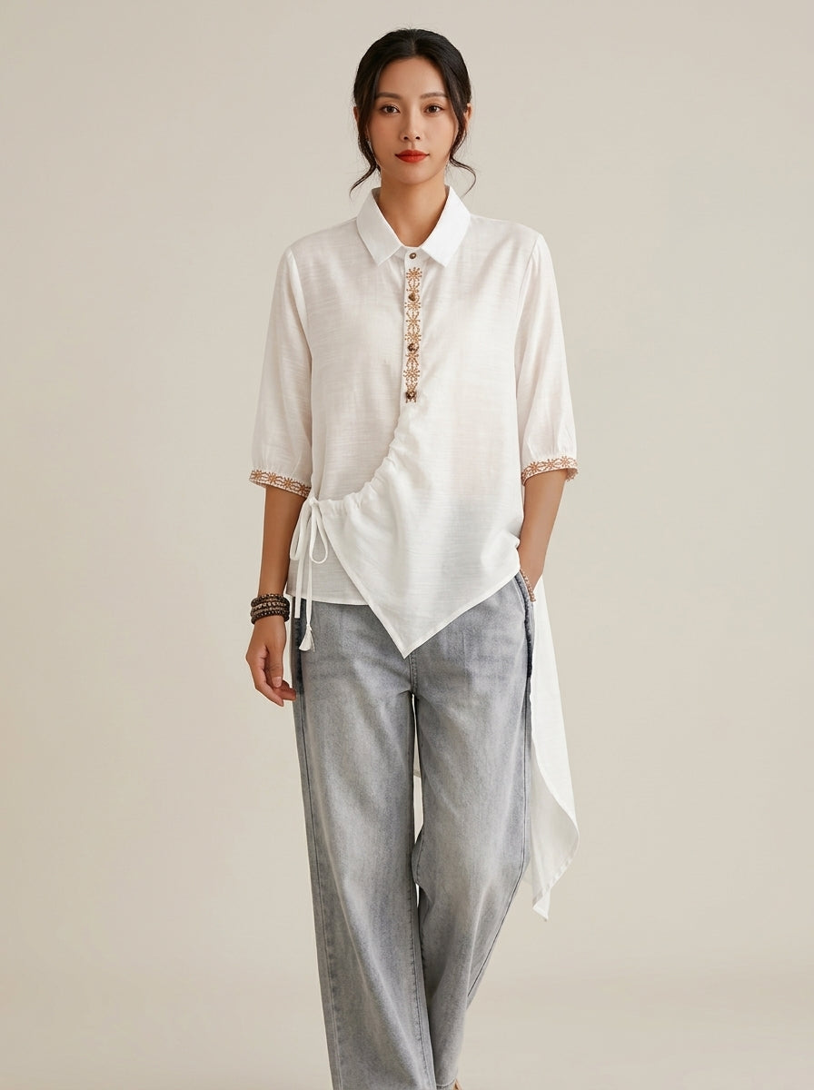 Vintage Cotton Shirt - White Embroidered Placket Half Sleeve Top