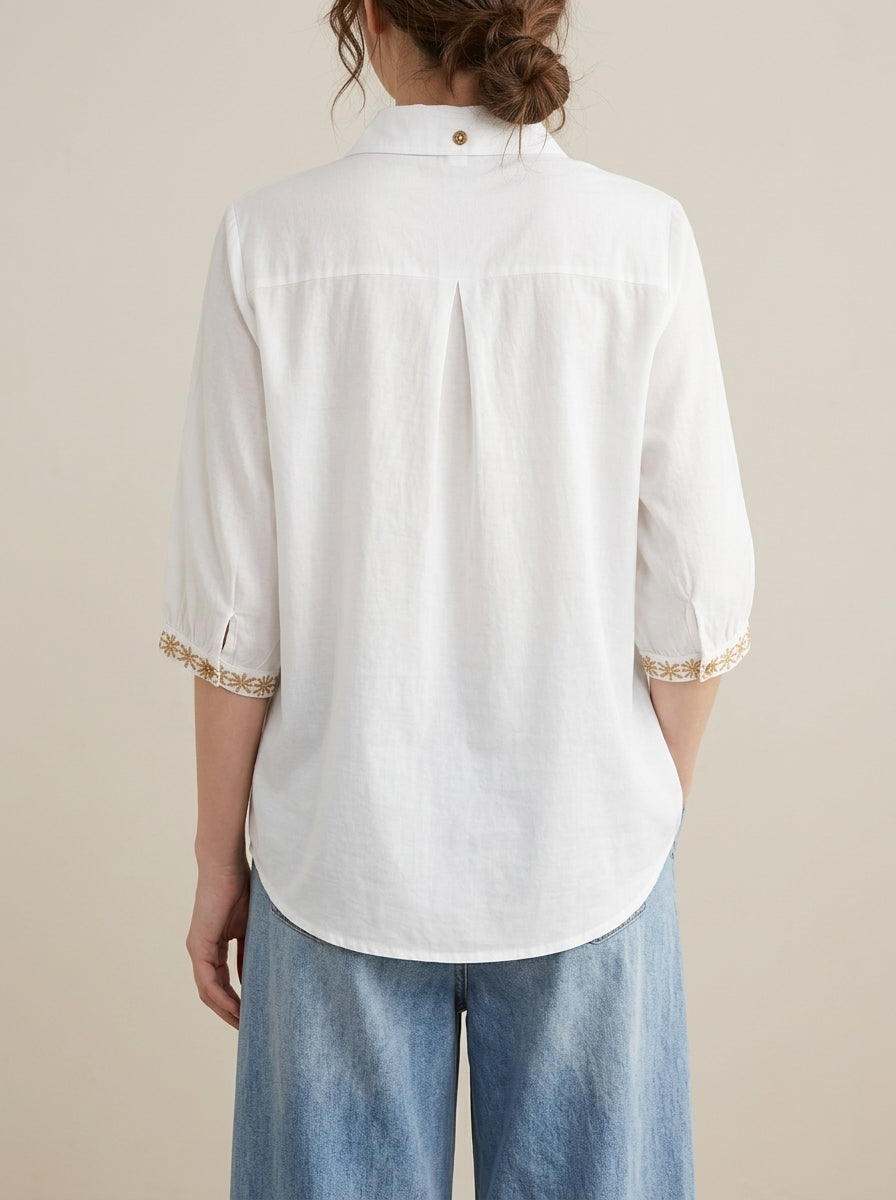 Vintage Cotton Shirt - White Embroidered Placket Half Sleeve Top
