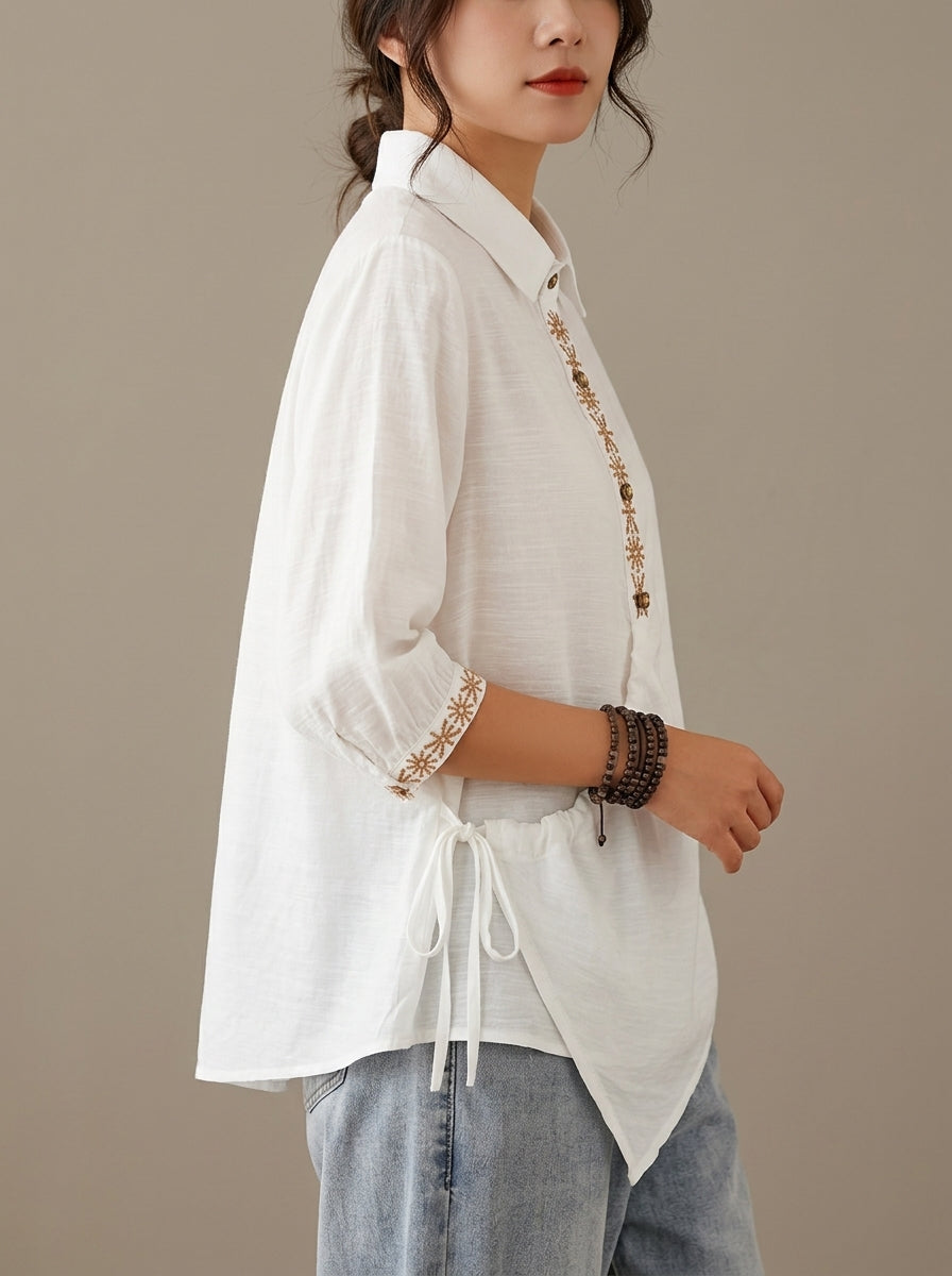 Vintage Cotton Shirt - White Embroidered Placket Half Sleeve Top