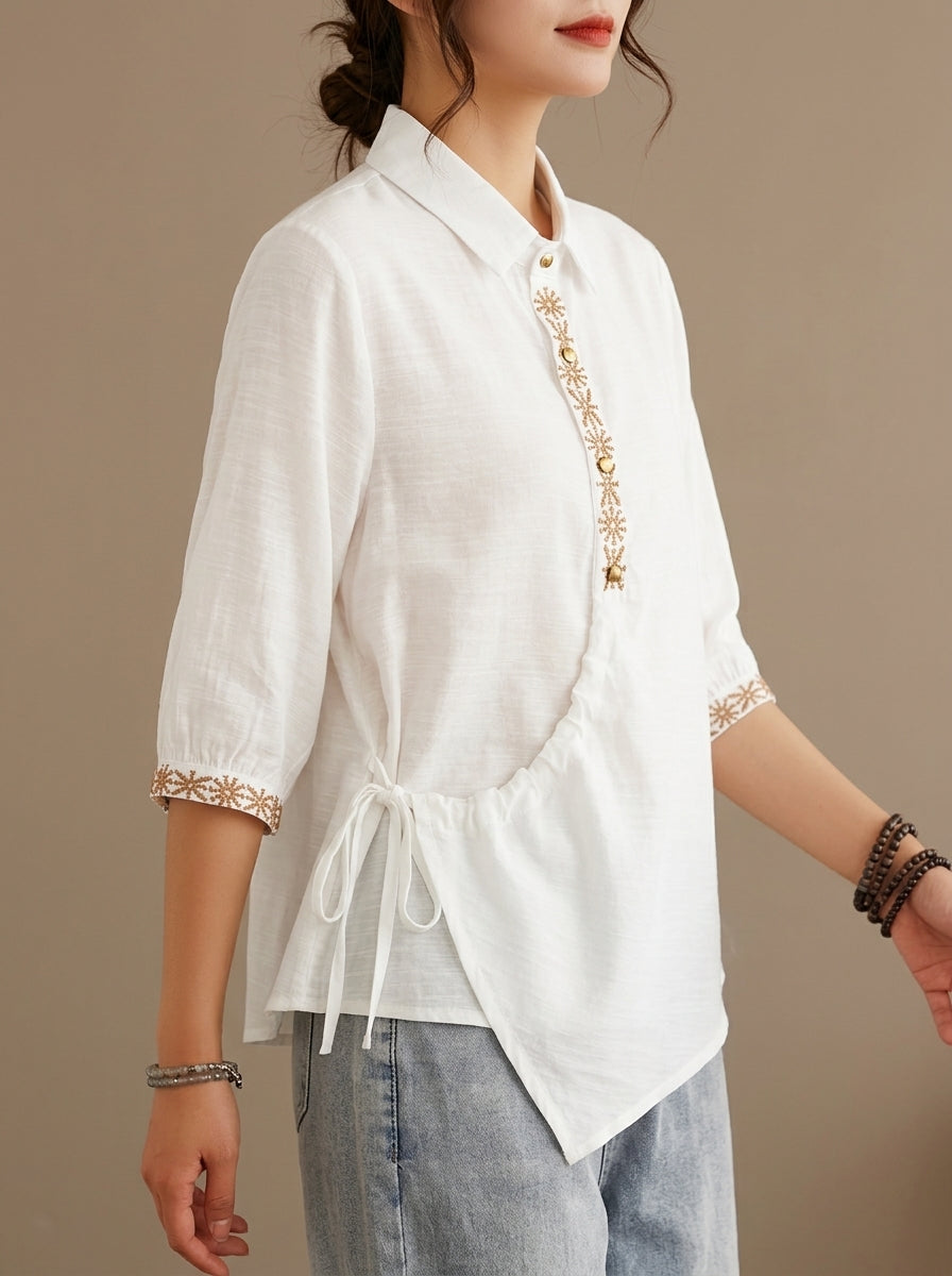 Vintage Cotton Shirt - White Embroidered Placket Half Sleeve Top