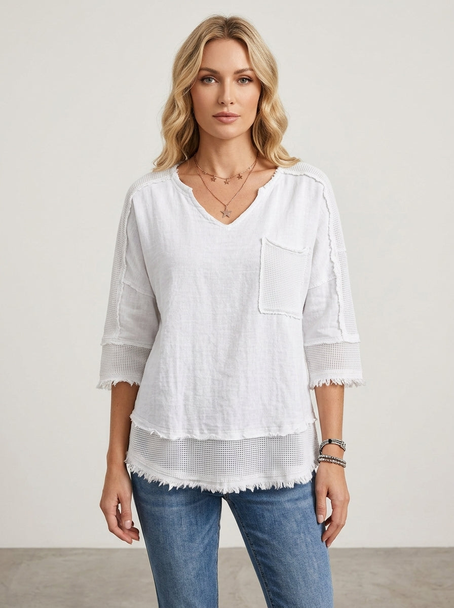 Casual Linen Cotton Color-Block Top in White - Raw-Edge Waffle Knit V-Neck Top