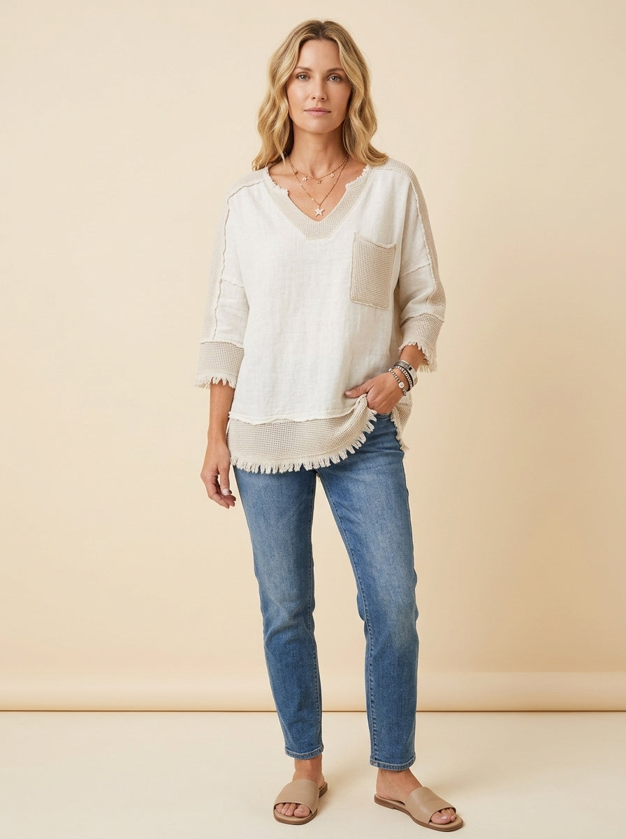 Casual Linen Cotton Color-Block Top in White - Raw-Edge Waffle Knit V-Neck Top