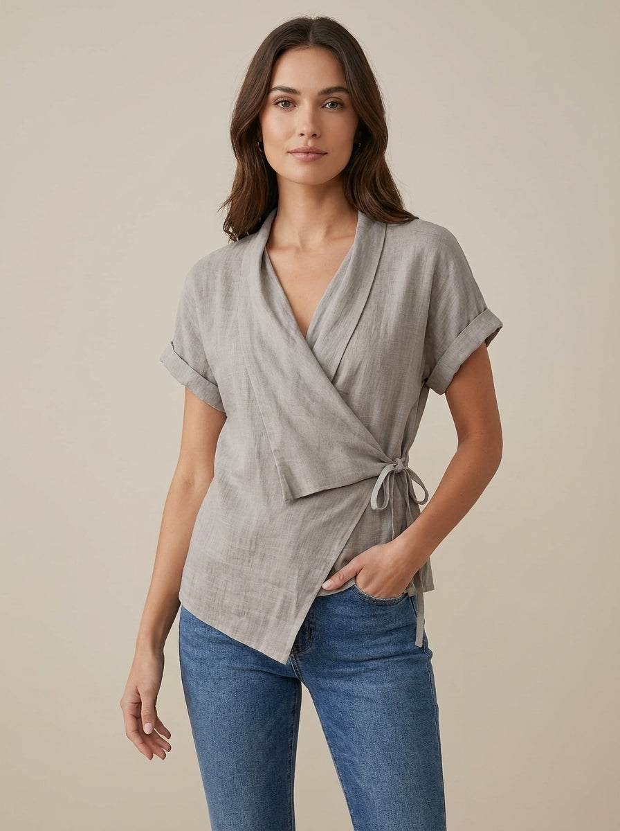 Wrap Front Tie-Waist Top - V-Neck Short Sleeve Blouse