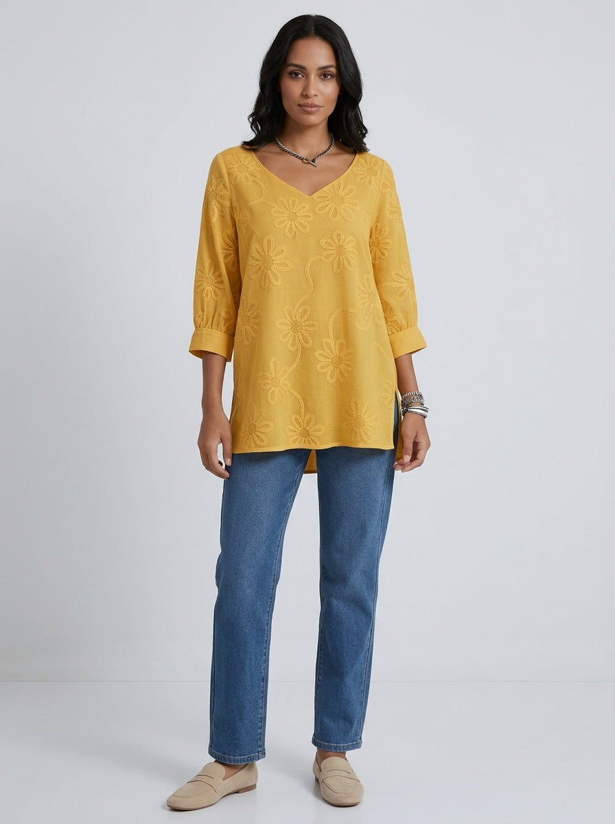 Casual Cotton Blouse - Yellow V-Neck 3/4 Sleeve Floral Embroidered Top