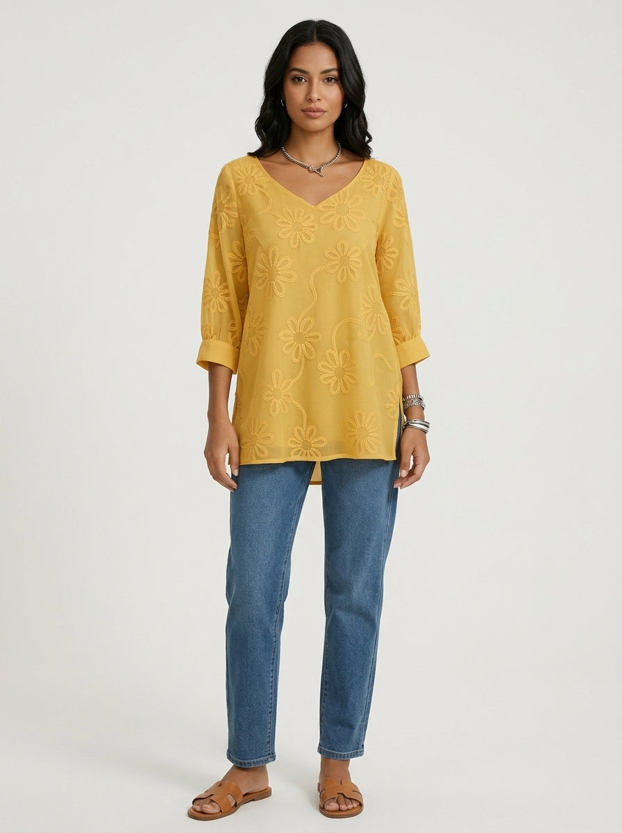 Casual Cotton Blouse - Yellow V-Neck 3/4 Sleeve Floral Embroidered Top
