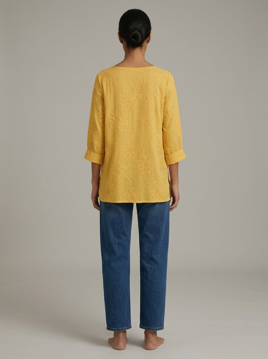 Casual Cotton Blouse - Yellow V-Neck 3/4 Sleeve Floral Embroidered Top