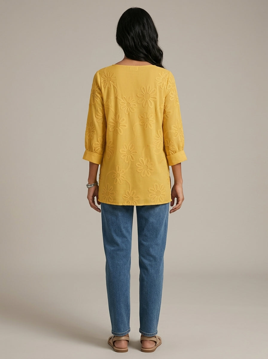 Casual Cotton Blouse - Yellow V-Neck 3/4 Sleeve Floral Embroidered Top