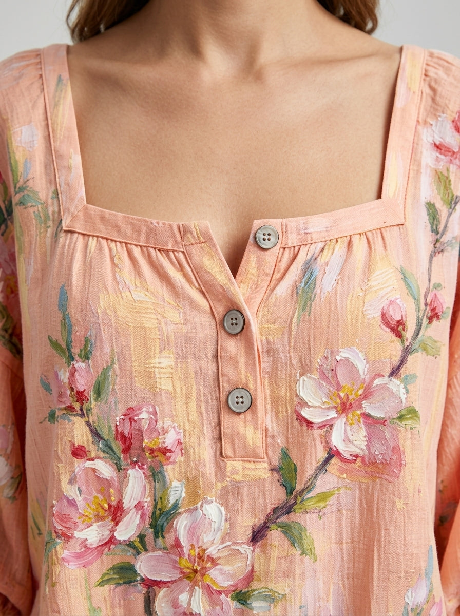 Peach Floral Print Blouse - Square Neck Balloon Sleeve Top