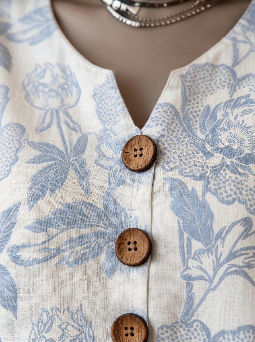 Casual Floral Print Button-Front Top in Blue and White - Ruffle Sleeve V-Neck Blouse