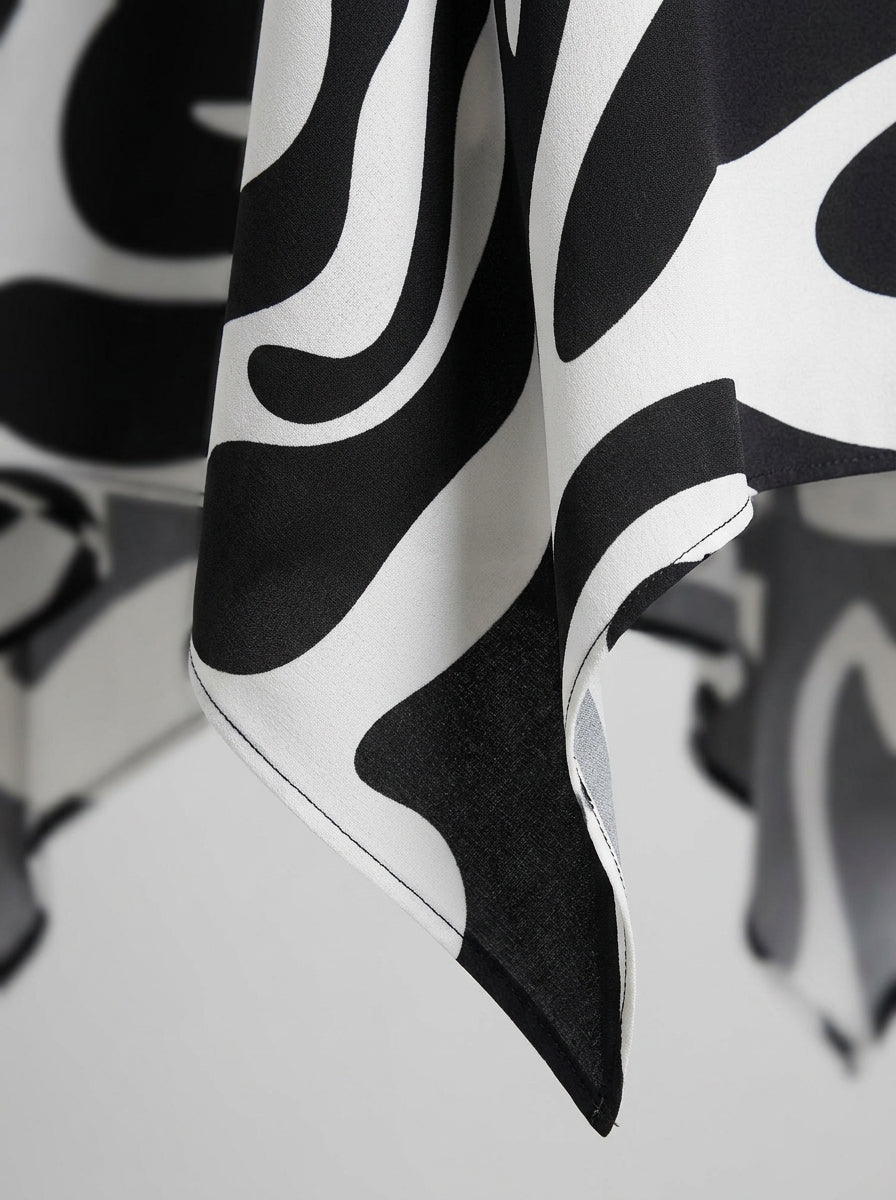 Casual Abstract Swirl Print Asymmetric Hem Top in Black and White - Round Neck Long Sleeve Blouse
