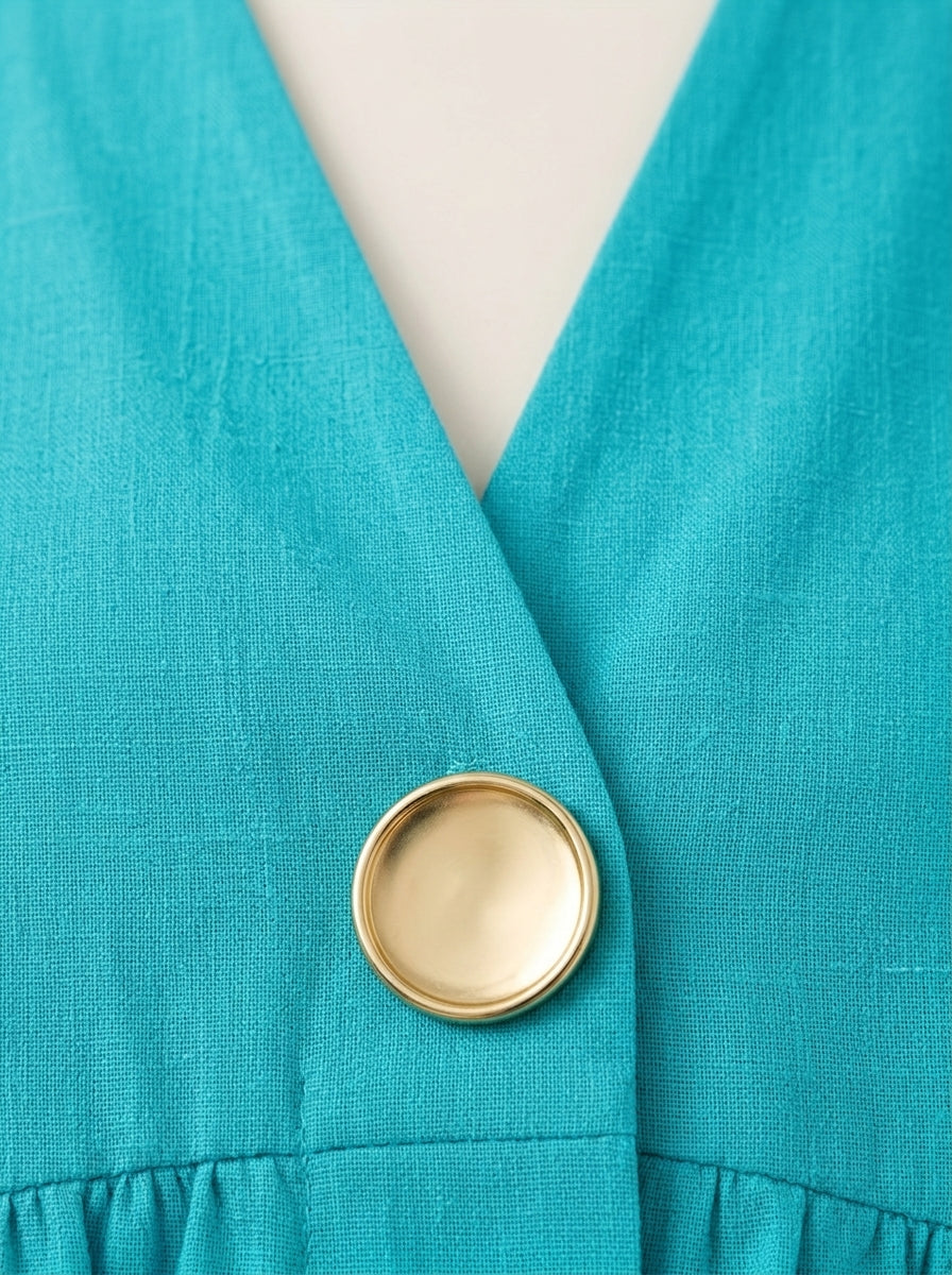 Casual Relaxed V-Neck Peplum Top in Turquoise - Bell Sleeve Single-Button Blouse
