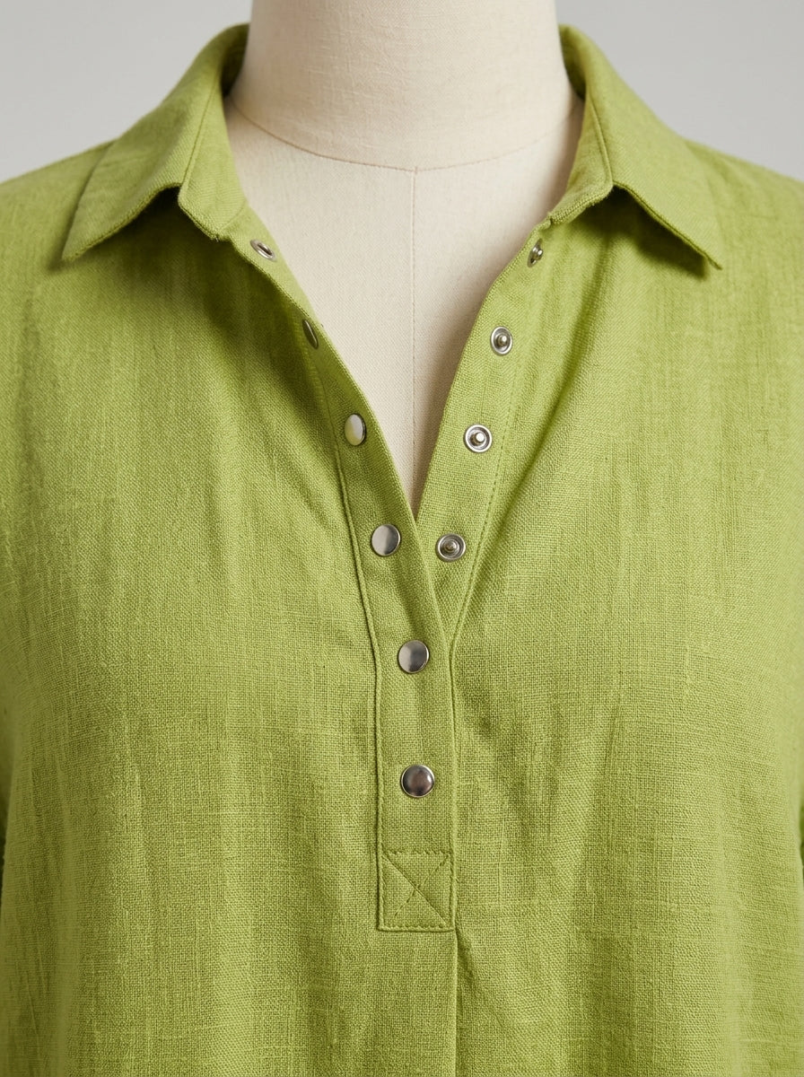 Casual Cotton Linen Snap-Button Polo Top in Chartreuse Green - Short Sleeve Relaxed Fit Polo