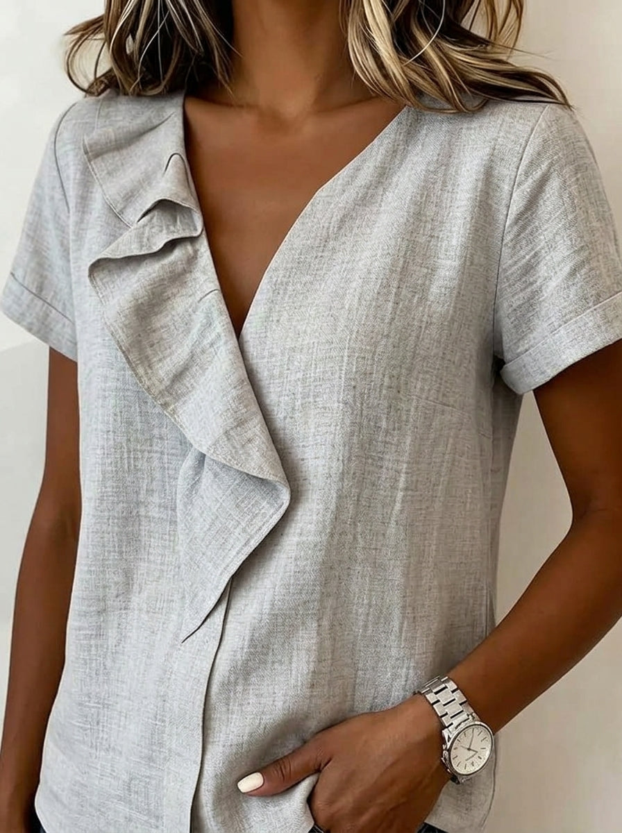 Grey Ruffle Collar Blouse - Faux Wrap V-Neck Cotton Casual Top