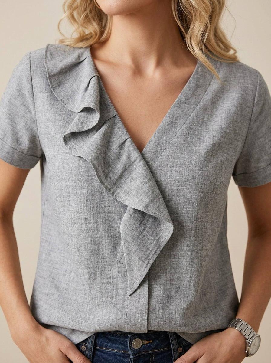 Grey Ruffle Collar Blouse - Faux Wrap V-Neck Cotton Casual Top