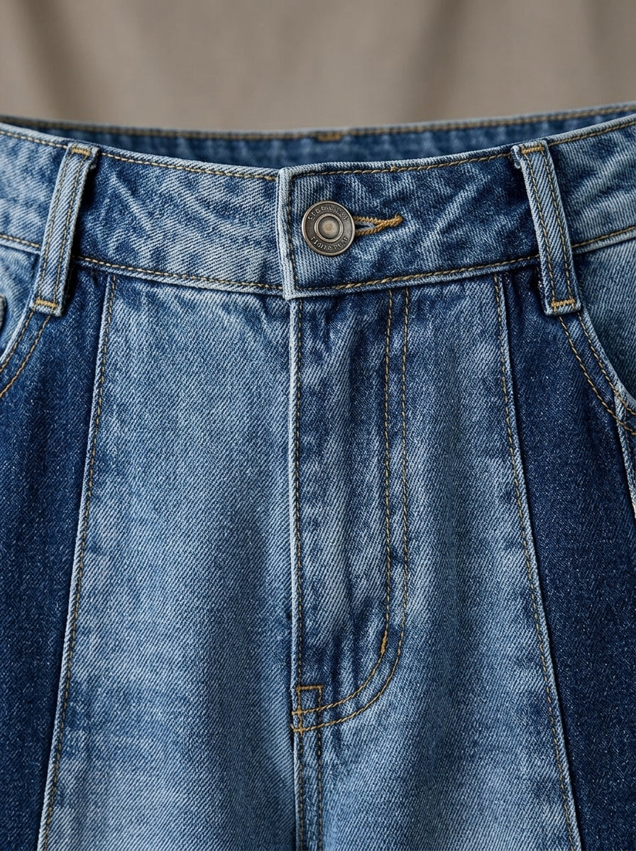 Color-Block Patchwork Wide-Leg Jeans - High-Waist Contrast Denim Pants