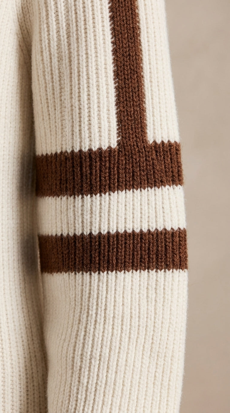 Resort-Style Mid-Neck Long-Sleeved Color-Blocked Striped Mini Dress - Rib Knit Sweater Dress