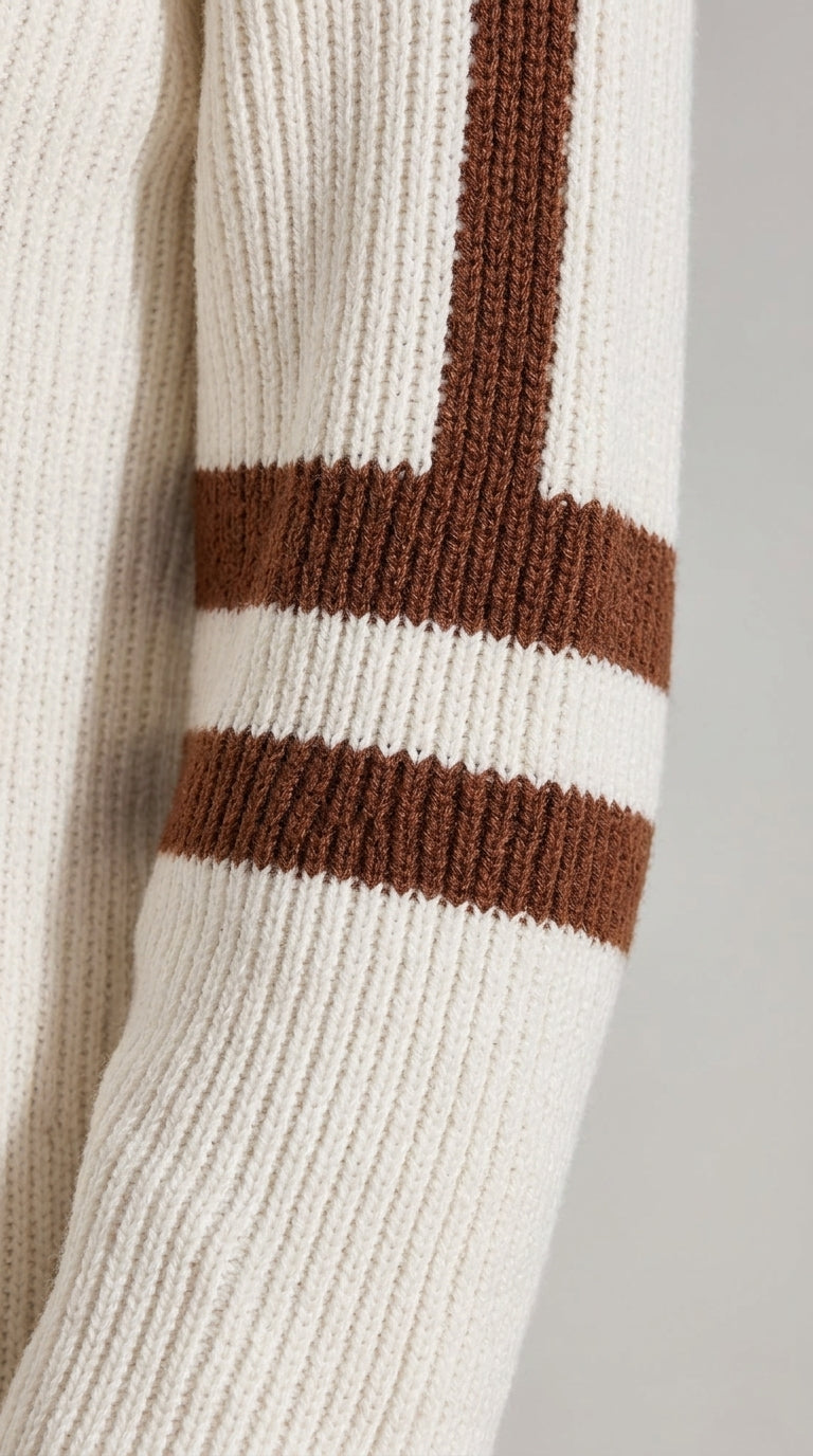 Resort-Style Mid-Neck Long-Sleeved Color-Blocked Striped Mini Dress - Rib Knit Sweater Dress