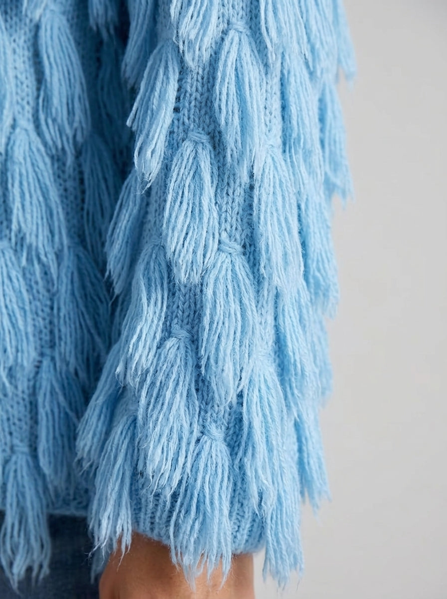 Boho Feather-shaped Bell-sleeve Knit Pullover - Sky Blue Off-Shoulder Fringe Knit Sweater