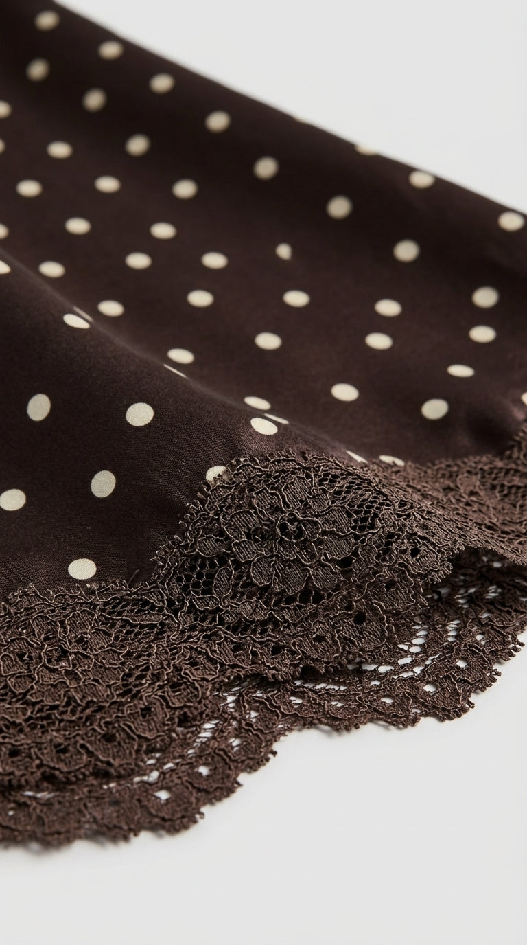 Polka Dot Satin Skirt with Lace Detail in Dark Brown - Elastic Waist Lace-Trim Maxi Skirt
