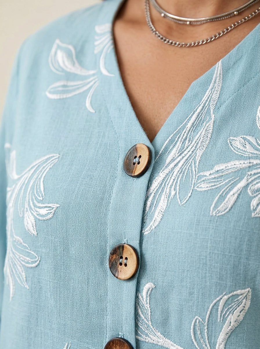 Casual Botanical Leaf Print Button-Front Top in Light Blue - Ruffle Sleeve V-Neck Blouse