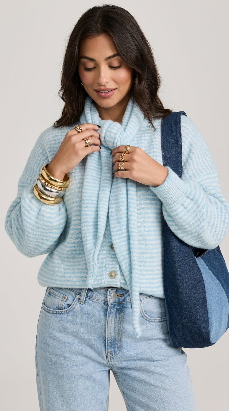 Jennifer Cardigan in Light Blue with Matching Scarf - Striped Knit