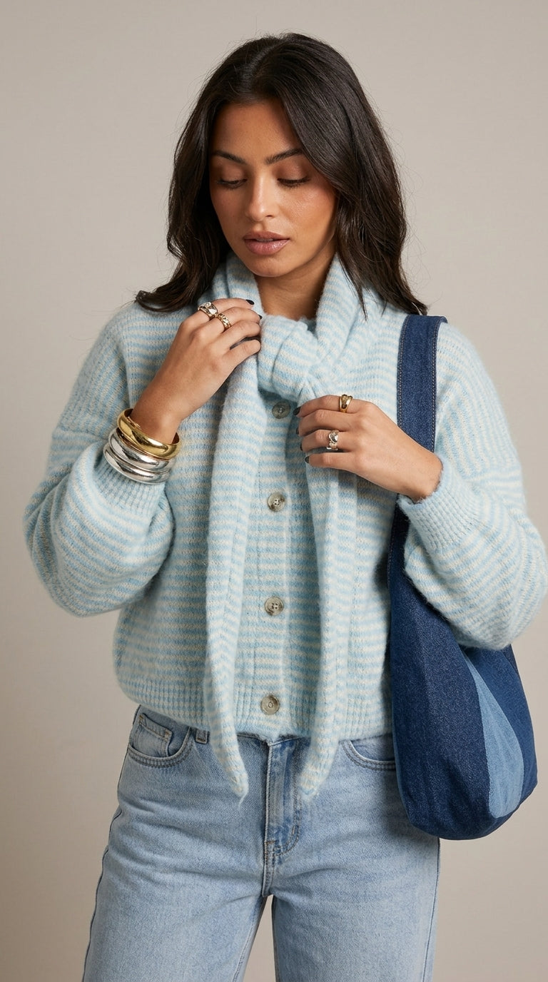 Jennifer Cardigan in Light Blue with Matching Scarf - Striped Knit